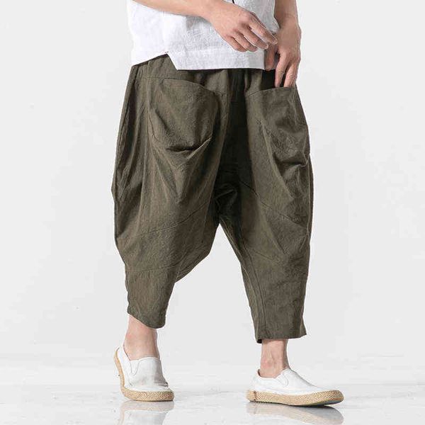 2022 Мужские льняные брюки Мужские широкие промежностные брюки.