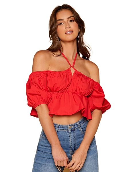 

ruched bust tie backless puff sleeve peplum blouse j1i6#, White