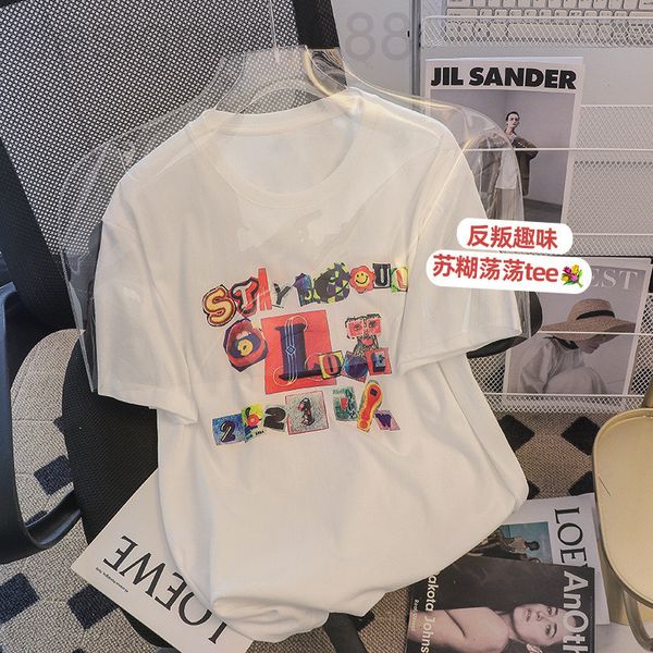 

women's t-shirt designer 2022 spring new funny letter cartoon printed white short sleeved t-shirt women's fashion port loose botto
