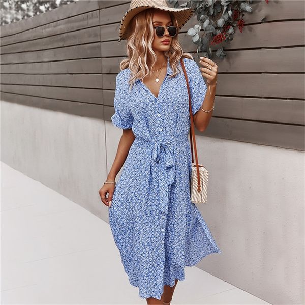 

women floral dress summer casual short sleeve button holiday midi dresses female vneck beach boho chic dress elegant robe 220527, Black;gray