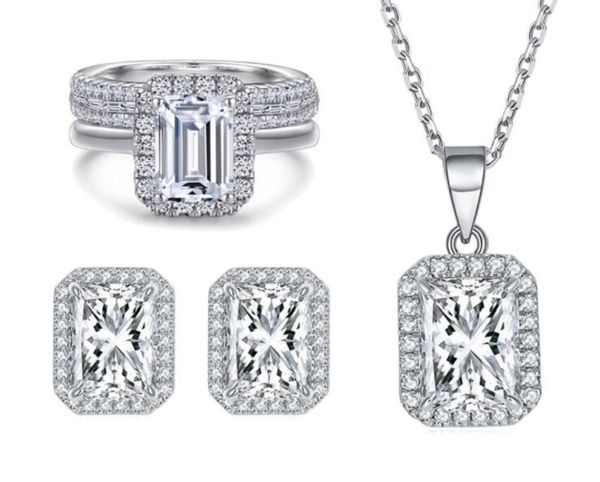 

18k gold plated fashion rectangular chains rhinestone earrings s925 sterling silver necklace female ring size 7 8 9 10