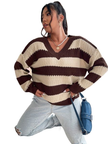 

plus color block drop shoulder sweater 421h#, Black