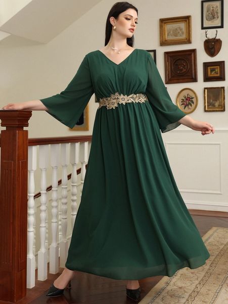 

plus v neck flounce sleeve appliques dress j9ak#, Black