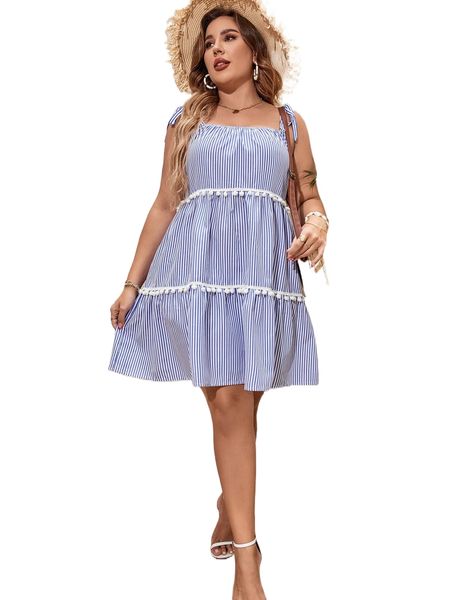 

plus striped tie shoulder pom pom trim cami dress z0yd#, Black