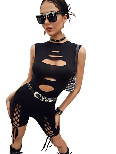 

cut out lace up unitard without belt 86cx#, Black;white