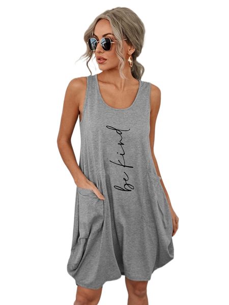 

letter graphic dual pockets tank dress 475h#, Black;gray