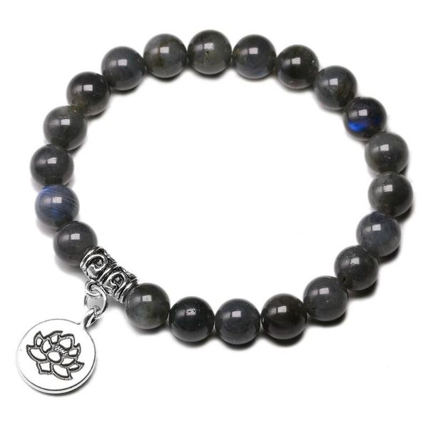 Bracelets de charme Índia natural Índia Labradorita Pulseira de 8mm de 8 mm Lucky Grey Blue Stone Mulheres Menino de Lótus Jóias DropheadCharmCharm