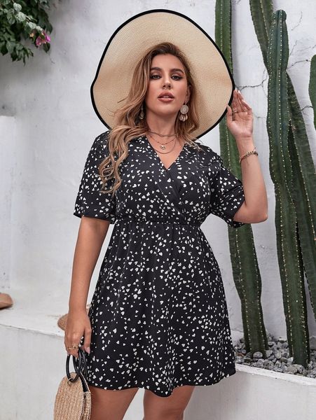 

plus all over heart print v neck dress f816#, Black