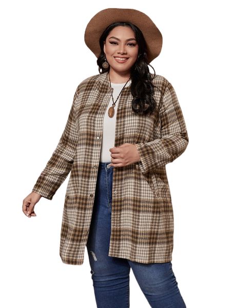 

plus plaid pockets detail coat r1ek#, Black