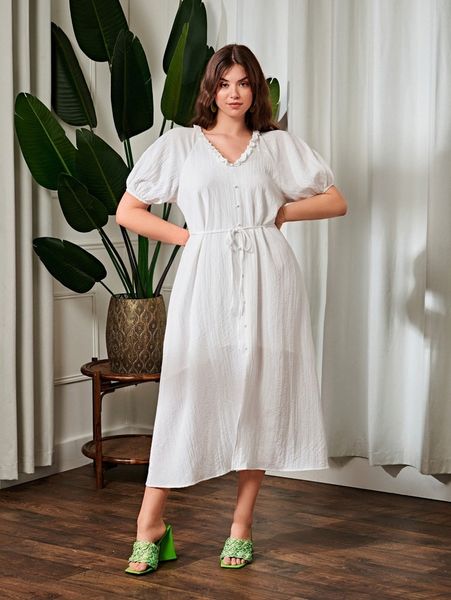 

plus puff sleeve buttoned front self belted dress p2yp#, Black