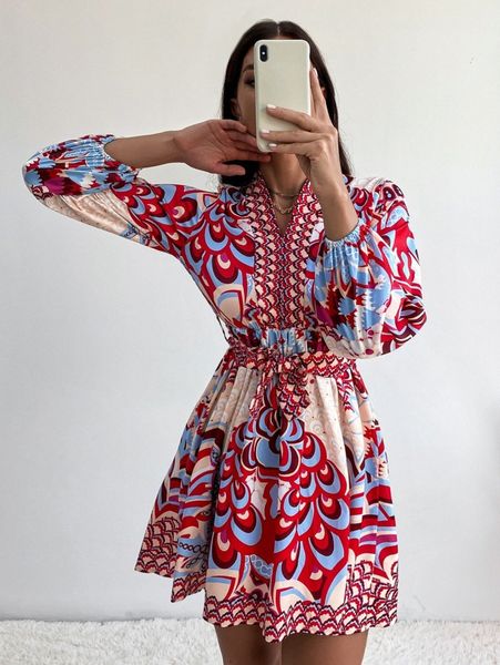 

graphic print lantern sleeve belted dress v3ty#, Black;gray