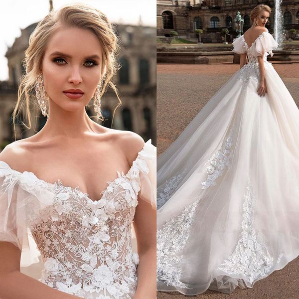 

2022 v neck a line lace wedding dress applique off shoulder backless flower bride gown, White