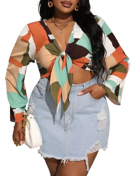 

plus color block tie front crop blouse s02d#, Black