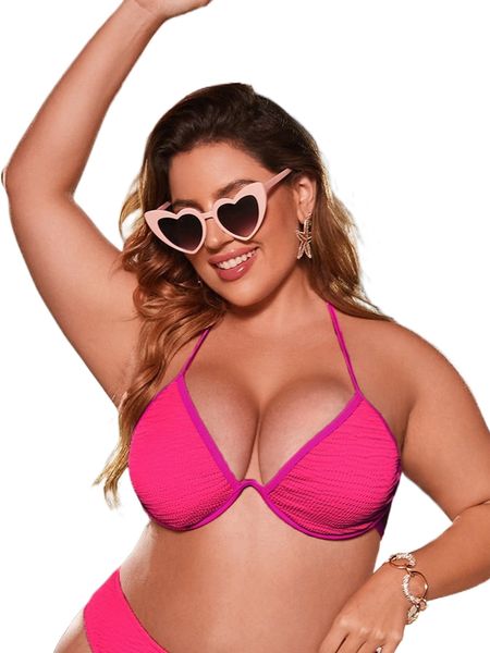 

plus neon pink tie back halter push up bikini x9dn#, Black