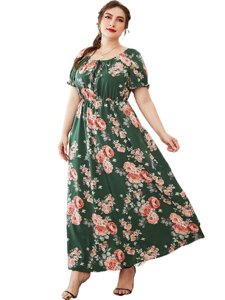 

plus random floral print puff sleeve tie front dress 551h#, Black