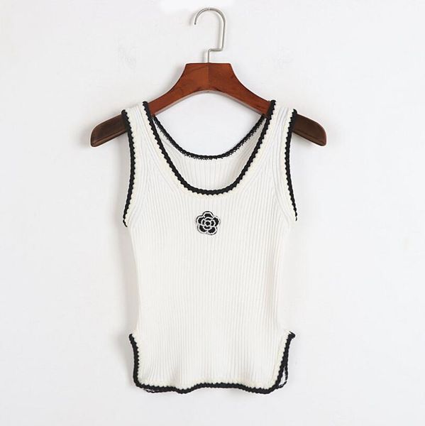 

knitwear ice silk vest women fashion summer camellia beads slim sleeveless split sling female casual w398, White