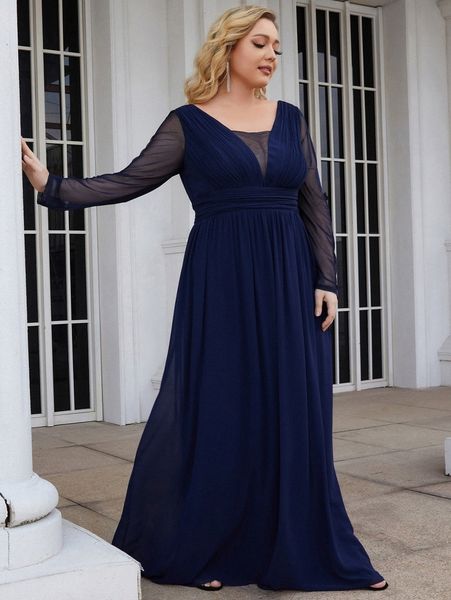 

ever-pretty plus mesh panel chiffon prom dress c4ku#, Black