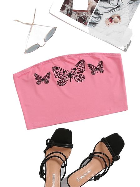 

butterfly print crop tube 315q#, White
