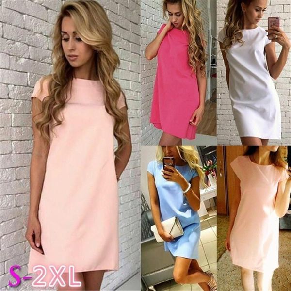 Vestidos casuais 2022 Mulheres Summer O-Gobes Manga curta Dress Solid Party Dress Loose Fashion Straight Feminina Vestidos