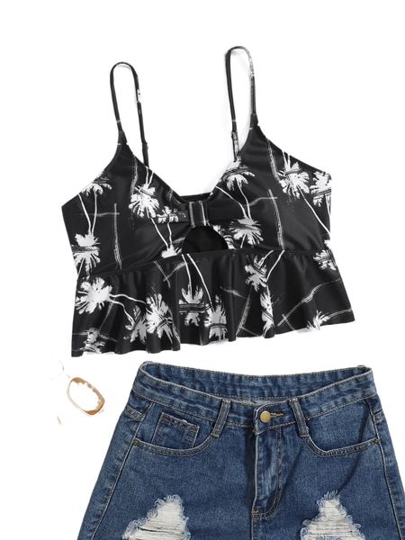 

plus coconut tree print cut out peplum bikini 37oj#, Black