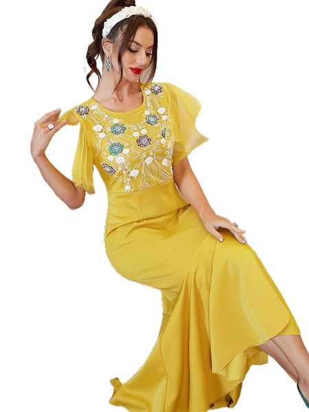 

floral contrast mesh mermaid hem dress g5gb#, Black;gray