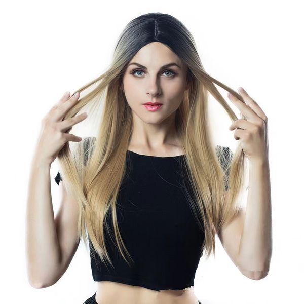 

long straight black brown gradient high temperature silk wig