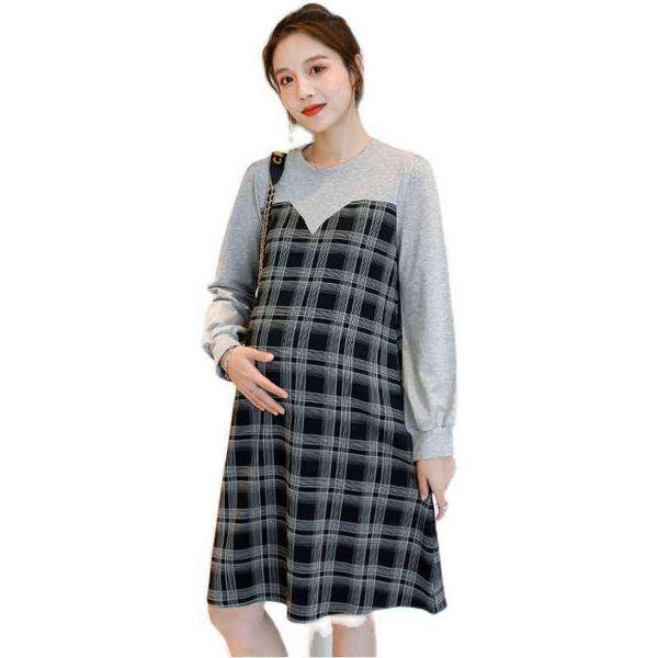 Und Herbst Lose Mutterschaft Kleid Lange Laterne Ärmel Baumwolle Patchwork Plaid Schwangere Frau Plus Größe Kleid Kleidung J220628