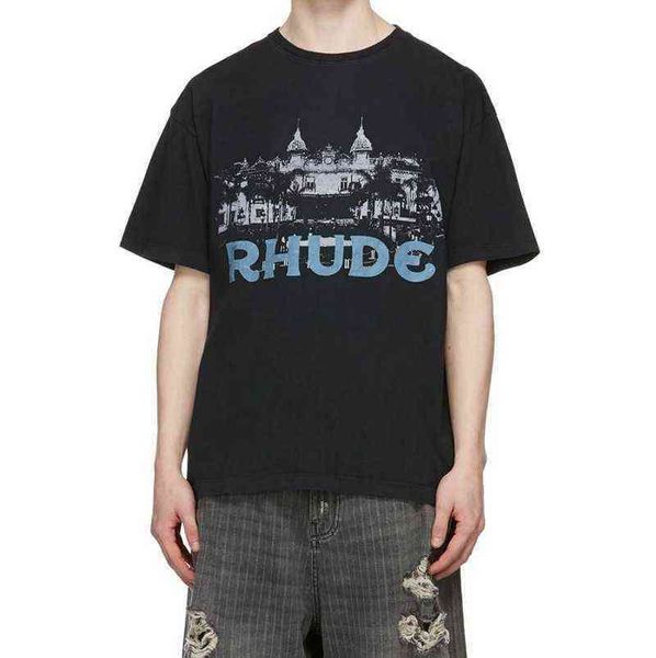 

brand designer luxury rhude t shirt ins american fashion brand rhude casino hd castle printed t shirt men's round neck cotton casual la, White;black
