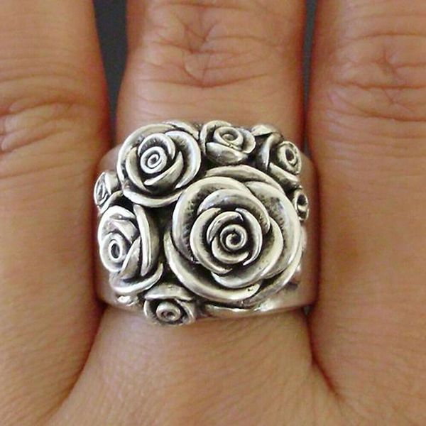 Anéis de flor rosa vintage para mulheres antiga declaração de prata anel presente amor para meninas jóias por atacado