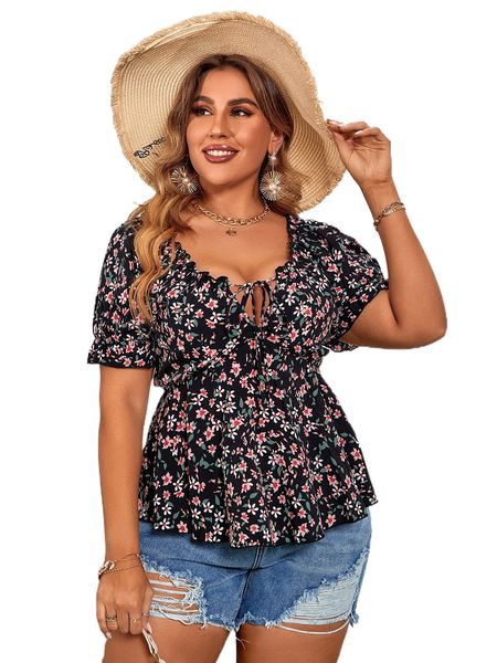 

plus allover floral print flounce sleeve peplum blouse o1le#, Black