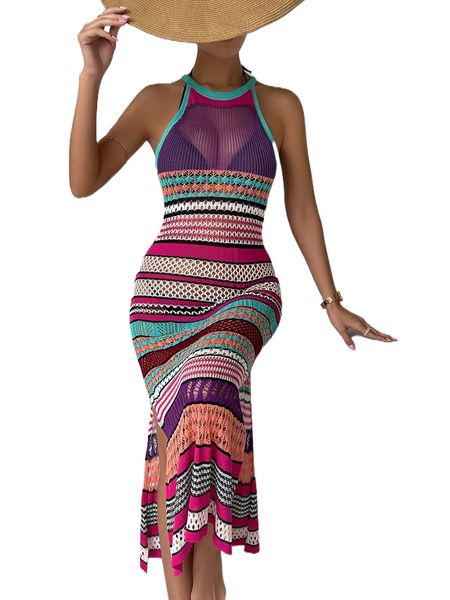 

striped slit thigh cover up q0er#, White;black