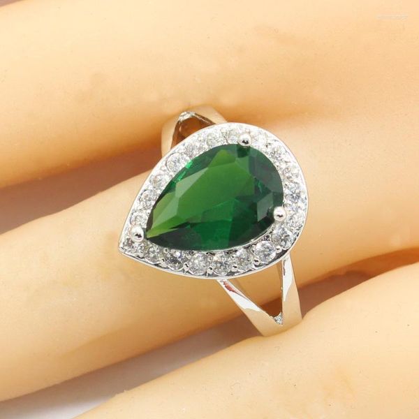Anéis de casamento mulheres anel de água gota de prata 925 para engajamento de pedra semiprecioso verde femme clássico feminino ringen box grátis edwi22