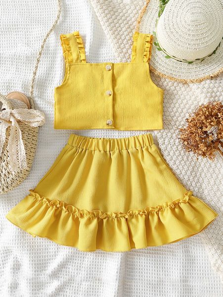 

toddler girls frill button front cami & ruffle hem skirt she, White