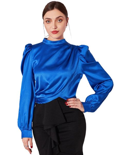 

mock neck puff sleeve satin blouse m95t#, White