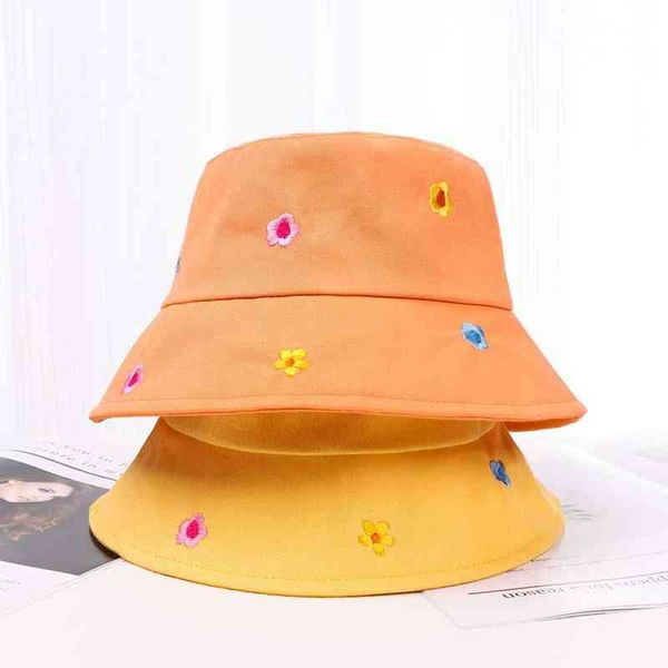

stingy brim hats sweet flower embroidery fisherman fairy bucket cotton beach sun cap for women 220328, Blue;gray