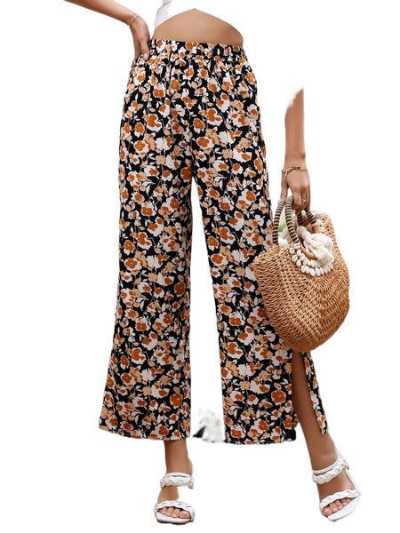 

allover floral split hem pants d3gh#, Black;white