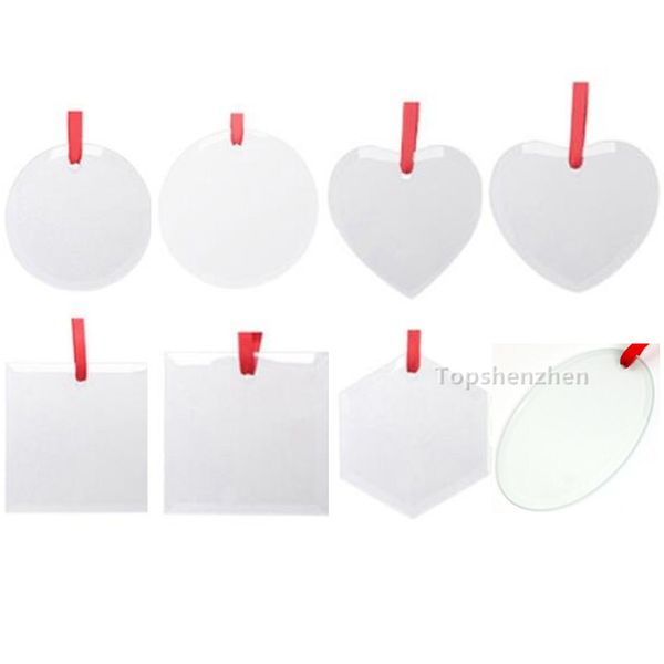 Sublimação em branco Pingente de Natal de vidro 3 polegadas/3,5 polegadas de transferência de calor lateral ornamentos festival de festival com fita vermelha para artesanato diy casa personalizada