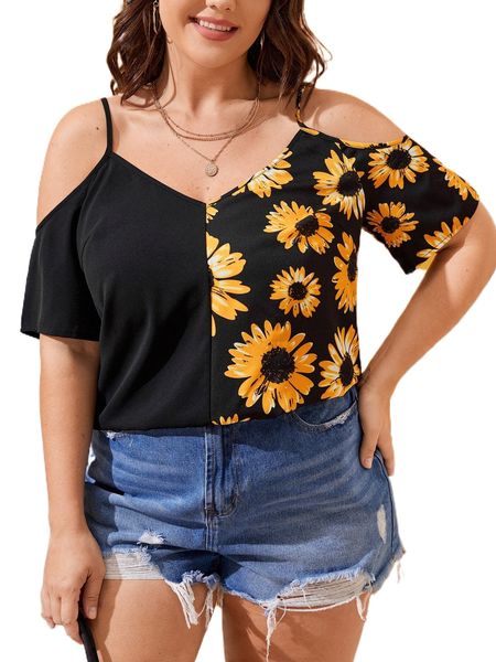 

plus floral print cold shoulder blouse s26j#, Black