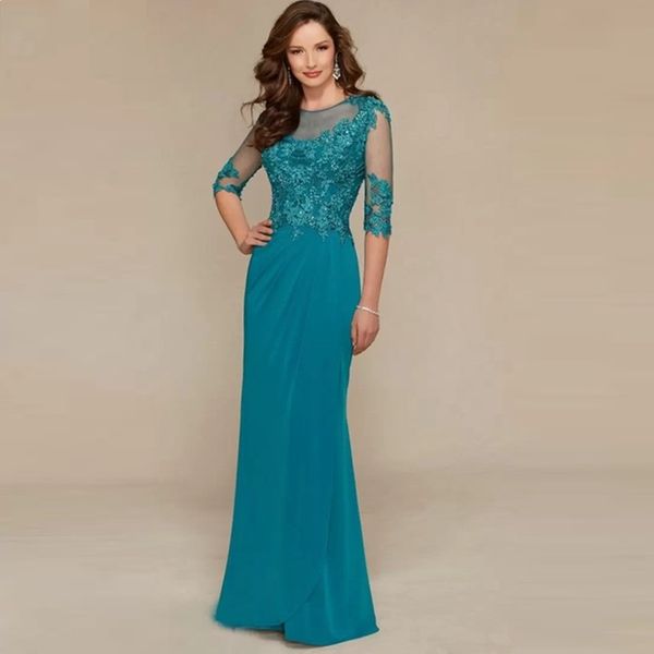 

floor length 2022 mother of the bride dresses 3/4 long sleeve lace beaded wedding guest dresses jewel neck evening gownssleeves, Black;red