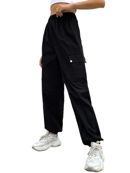 

flap pocket high waist pants w8n0#, Black;white