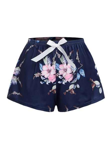 

floral print tie front sleep shorts 05gl#, Black;red