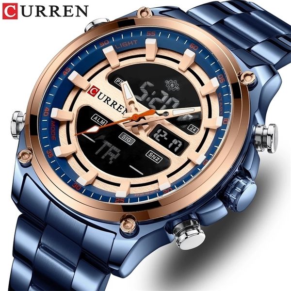 

curren sport quartz wrist watch for men led gold multifunction stainless steel wristwatches dual display digital clock male 220530, Slivery;brown