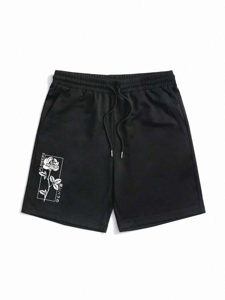 

men floral & japanese letter graphic drawstring shorts 62e9#, White;black