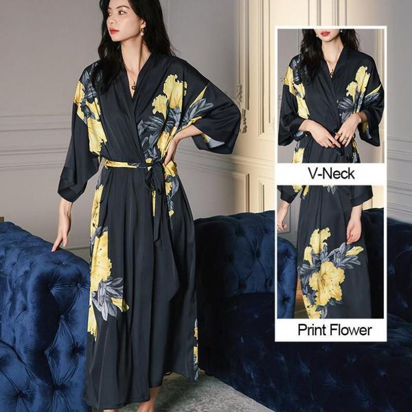 Женская одежда для сонной одежды цветочный халат Длинный кимоно-хриплый платье леди атласная шифоновая ночная рубашка летняя v-образно