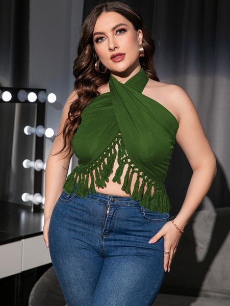 

plus backless wrap cross tassel trim crop halter t4s2#, Black