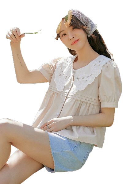 

dazy contrast guipure lace puff sleeve plicated detail blouse n8z2#, White