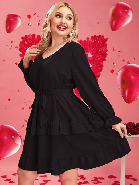 

plus flounce sleeve two layer hem belted dress t2wd#, Black