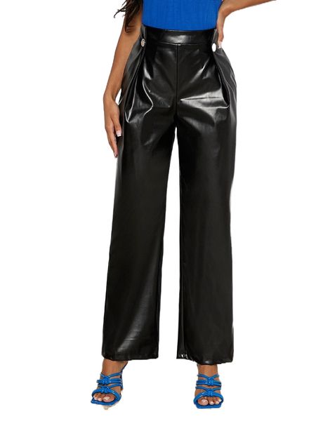 

fold pleated wide leg pu leather pants b4rf#, Black;white