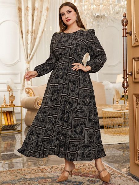 

plus paisley scarf print lantern sleeve dress l9vg#, Black