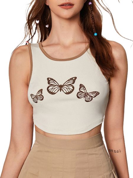 

butterfly print contrast binding crop c7bo#, White